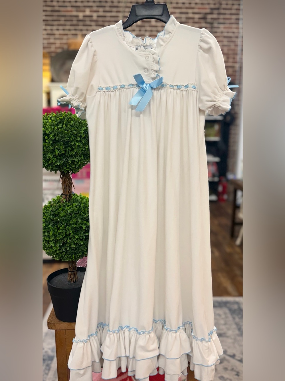 Sweet Cream Girls' Nightgown with Blue Ribbon Accent